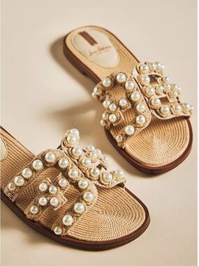 Sam Edelman Natural Pearl Embellished Woven Slide Sandals